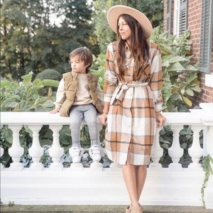 Flannel button-up dress with tie